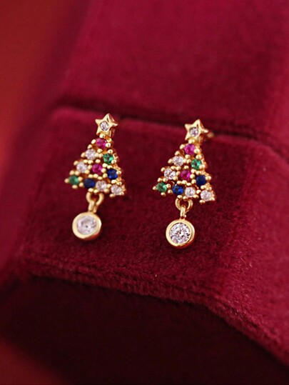 CVNANA 2pcs Cubic Zirconia Christmas Tree Studs Earrings, Women Mini Copper Jewelry Christmas Day Dress Up And Gift For Christmas Day
