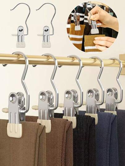 10pcs Stainless Steel Clothes Clip, Laundry Hooks Hanging Clips Clothes Pins, Adjustable Metal Pants Hanger With Clips, Boot Hangers Clips, Laundry Clothes Nail With Hook, Closet Hanger Organizer Clamps Socks Towel Clips Heavy Duty Clothespins Bulk Hanger Clips For Closet Travel Pants Socks Handbags