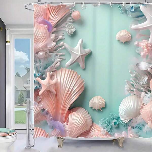 Conjunto de cortina de chuveiro Oceanic Delight para banheiro e 12 ganchos de plástico - perfeito para decoração de banheiro com tema costeiro, decoração de outono e acessórios para banheiro, volta às aulas