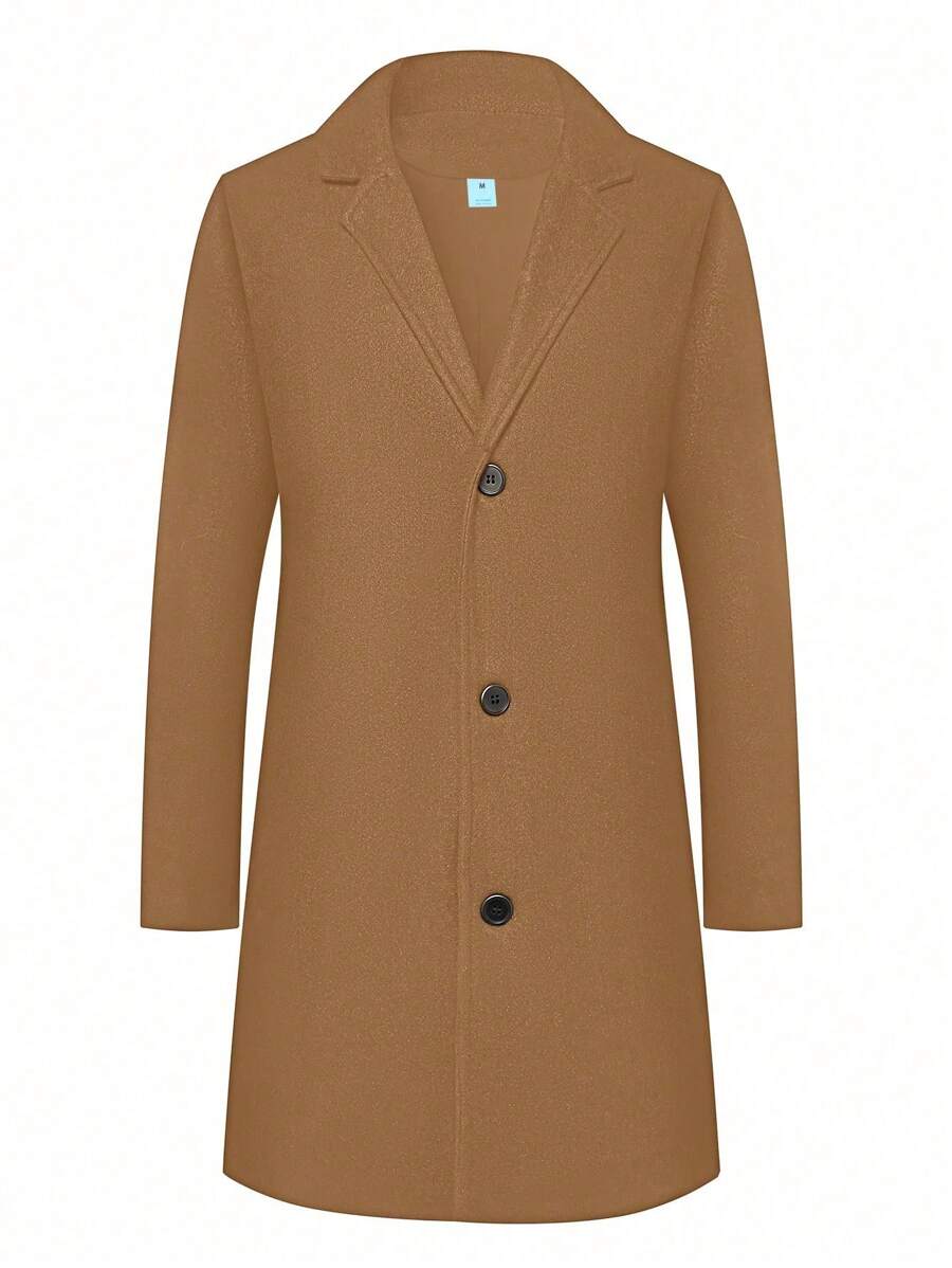 Men's Vintage Style Old Money Aesthetic Solid Color Minimalist Front Button Placket Slash Pocket Wool Coat Casual Resort Wear Commuter Autumn/Winter Versatile Style - Khaki - View 1