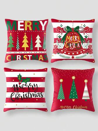 4pcs Red Background Horizontal Letter Jingle Bell Decorative Pillow Cases, Multiple Sizes Square Pillowcases With Digital Printing, Fashion Minimalist Design For Sofa, Office, Home Decor, Car Gifts