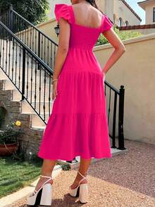 Vestido línea A unicolor Elegante Para Mujer Con Hombros Descubiertos Y Corte Ajustado bajo con fruncido - Rosa Fucsia - Ver 6