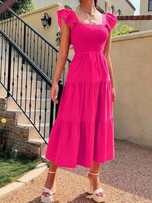 Vestido línea A unicolor Elegante Para Mujer Con Hombros Descubiertos Y Corte Ajustado bajo con fruncido - Rosa Fucsia - Ver 4