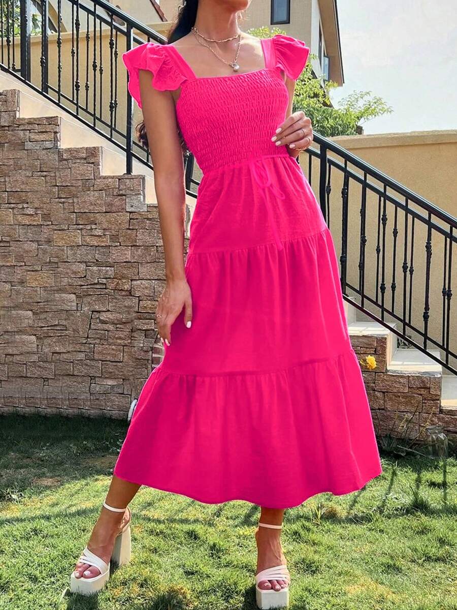 Vestido línea A unicolor Elegante Para Mujer Con Hombros Descubiertos Y Corte Ajustado bajo con fruncido