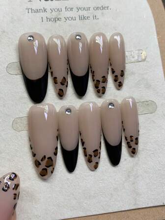 10Pcs Handmade Leopard & Striped Gradient Artificial Nail Tips, Medium Length, Suitable For Autumn/Winter, Holiday And Party Press On Nails Nail Supplies Nails