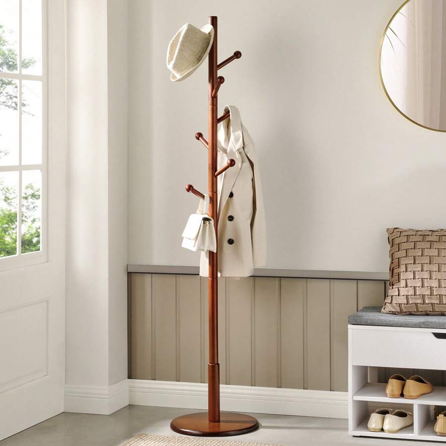 VASAGLE Solid Wood Coat Rack, Wood Hall Tree, Coat Rack Stand With 7 Rounded Hooks, Stable Round Base, 3 Height Options, For Living Room, Bedroom, Home Office - Brown - View 1
