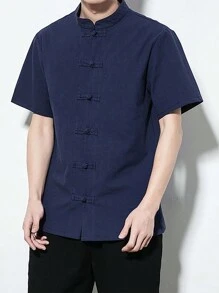 Camisa para Hombre con Manga Corta de Cuello Mao Chino - BruceLee, Camiseta Hombre Manga Corta Casual con Botones de Estilo Chino - Azul Marino - Ver 5