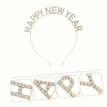 1pc Sparkly Rhinestone Headband - Women & Girls New Year Party Hair Accessory, Available In Gold, Silver, Colorful - HAPPY NEW YEAR Hair Hoop - Multicolor - View 2