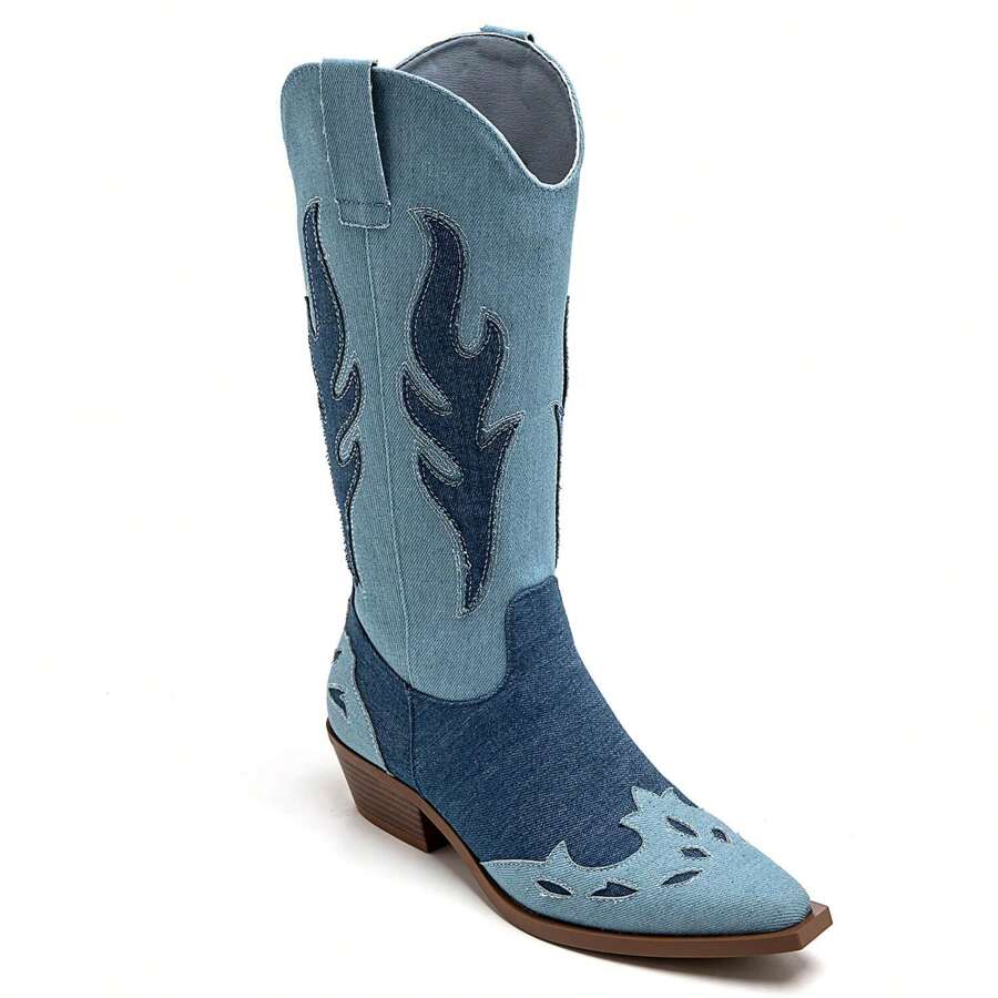 Women's Camel Western Boots With Heels - Chic Cowboy Style With Rhinestones - Blue - View 1
