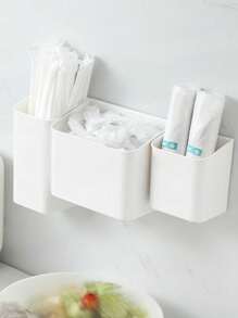 1pc Wall Mounted Storage Box, Makeup & Cosmetics Organizer, Disposable Cup & Straw Holder, Trash Bag Dispenser