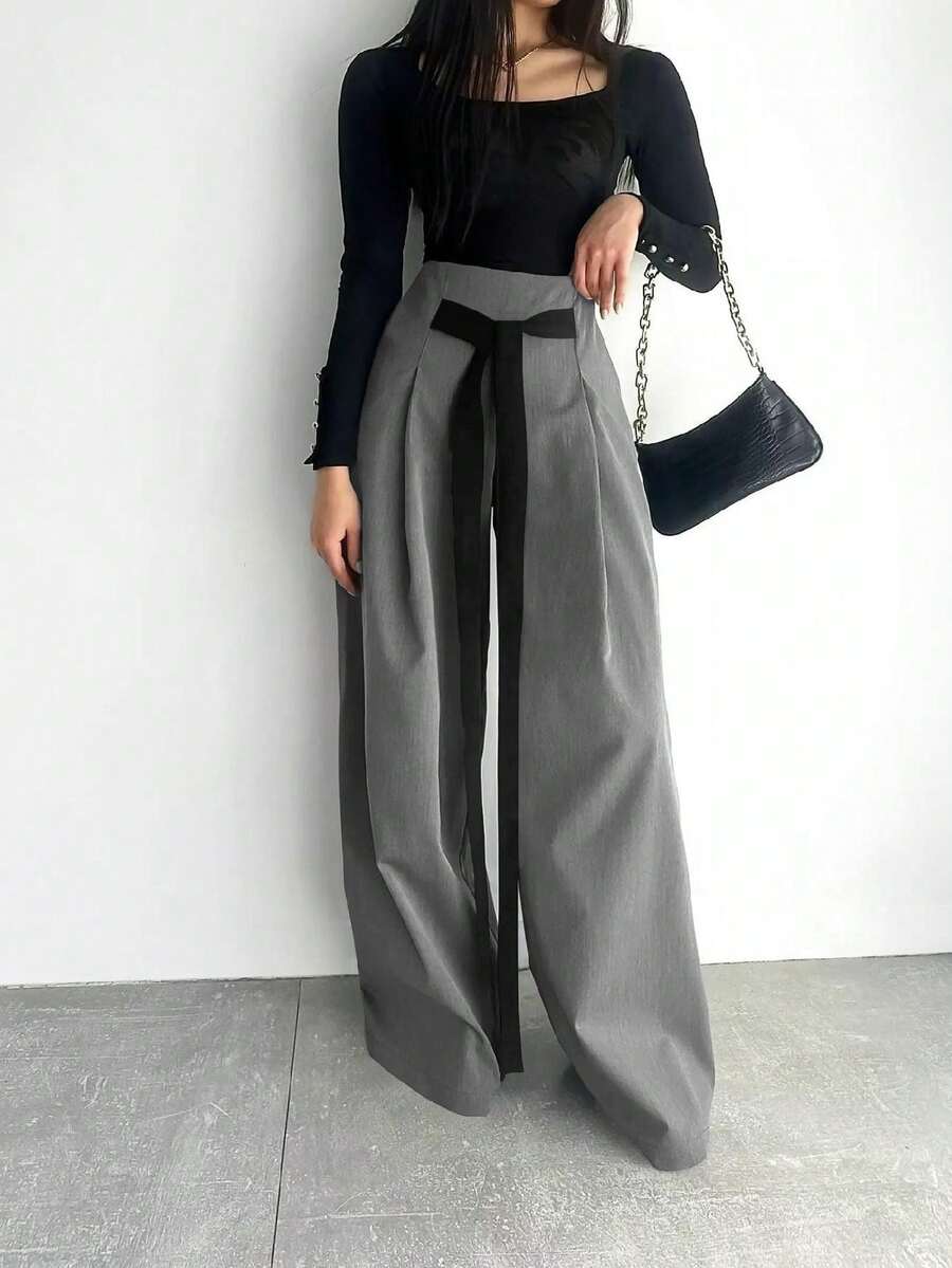 Fashion Design Wide Leg Pants Solid Color Commute Slimming Long Trousers - Grey - View 1