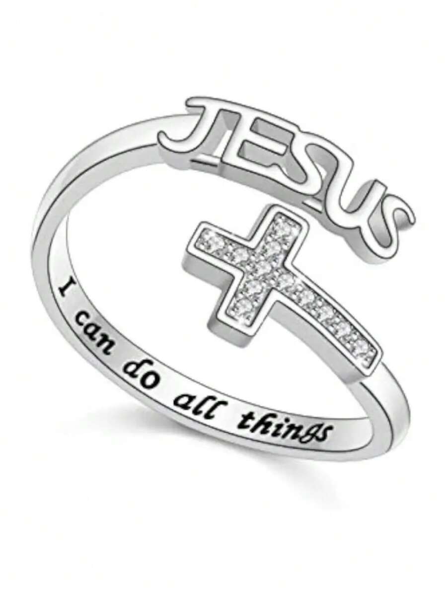 Women's Adjustable 925 Sterling Silver "I Can Do All Things" Jesus Cross Ring, Fashion Christian Jewelry, Anniversary Gift For Her