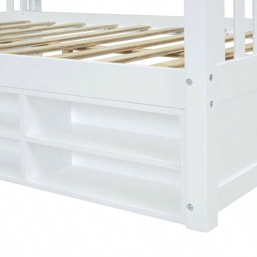Full Size Wooden House Bed With Shelves And A White