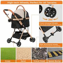 Foldable 4-Wheel Pet Stroller With Storage, Cup Holder, And Waterproof Cover For Small Dogs And Cats Dog Stroller 3-In-1 Foldable Gear For Cat Puppy Small Dogs - 卡其色 - 查看 6