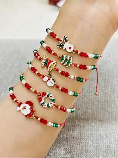 Juego de 6 piezas de brazaletes de cuentas con diseños de Papá Noel, alce, campana, árbol y estampado de cristal, trenzados como adornos, decoración o regalo para mujeres. La especificación indica que un tamaño es un conjunto de 6 piezas, y la especificación de 1 pieza es una sola pieza para el regreso a la escuela o el Día de San Valentín