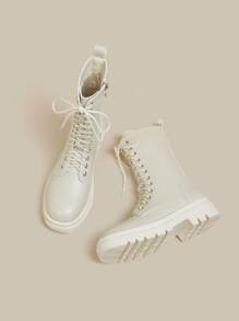 Women's Winter White Boots, New Autumn Winter Thick Sole Ankle Boots Women, Mid-Calf Lace-Up Zipper  Boots