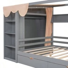 Full Size House Bed With Two Drawers And Wardrobe, Gray - 灰色+實木+全如圖 - 查看 11