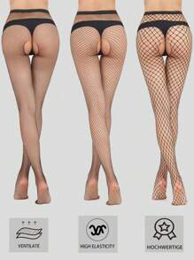 3 Stücke Damen Schwarze Fischnetz-Strumpfhose mit offenem Schritt, sexy Streetpunk-Stil Leggings für Frühling, Sommer, Herbst