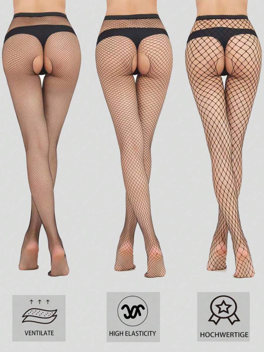 3 Stücke Damen Schwarze Fischnetz-Strumpfhose mit offenem Schritt, sexy Streetpunk-Stil Leggings für Frühling, Sommer, Herbst