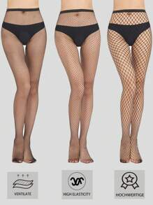 3 Stücke Damen Schwarze Fischnetz-Strumpfhose mit offenem Schritt, sexy Streetpunk-Stil Leggings für Frühling, Sommer, Herbst