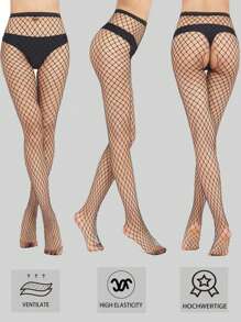 3 Stücke Damen Schwarze Fischnetz-Strumpfhose mit offenem Schritt, sexy Streetpunk-Stil Leggings für Frühling, Sommer, Herbst