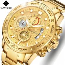 Relógios WWOOR para Homens, Marca de Top, Moda Luxuosa, Relógio Quartz de Aço Inoxidável Dourado, Impermeável, Esporte Cronógrafo - Dourado - Visão 3
