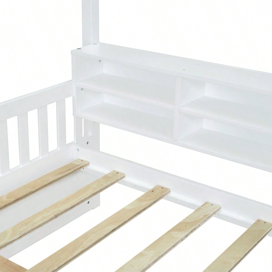 Full Size Wooden House Bed With Shelves And A White
