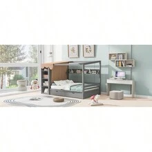 Full Size House Bed With Two Drawers And Wardrobe, Gray - 灰色+實木+全如圖 - 查看 20
