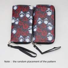 彩色骷髅印花长款钱包，万圣节复古骷髅设计，女式拉链开合手拿包，随机拉链放置钱包腕带 - 乾枯玫瑰色 - 查看 3