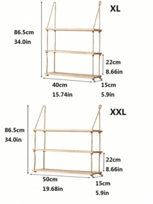 1pc No-Drill Hanging Rope Shelves Wooden Floating Wall Shelf Decor Rack For Living Room - Brown - View 7