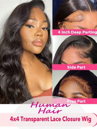 人发蕾丝前假发透明蕾丝前假发波浪假发巴西头发 4x4 蕾丝闭合假发，带婴儿头发 200% 密度自然黑色