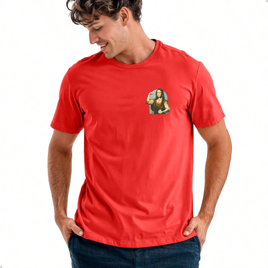 Camiseta Masculina Algodão Monalisa Academia Camisa Premium Malha Fresca Blusa Penteado Gola Redonda Tecido Leve - Vermelho - Visão 1