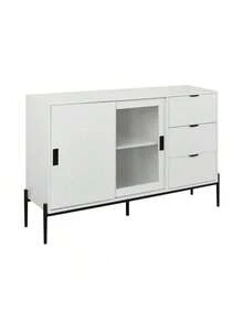 Modern Featured Storage Cabinet Sideboard With Glass Sliding Door And 3 Drawers, Entryway Console Table Kitchen Buffet Cabinet For Corridors Entrances Kitchen Study White,Fiah