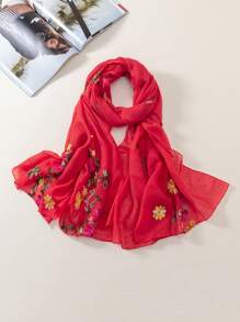 1pc Women's Embroidered Tree Branch Floral Soft & Lightweight Linen Shawl, Versatile Bohemian Style Scarf For Traveling & Vacation - Multicolor - View 9