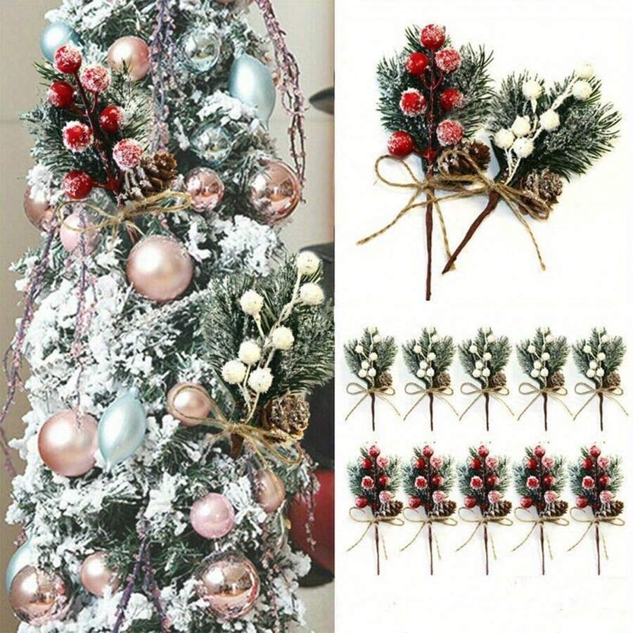 1/8pcs Cedar Branches With Berries And Holly - Suitable For DIY Christmas Tree Decor And Holiday Home Decoration - Multicolor - View 1