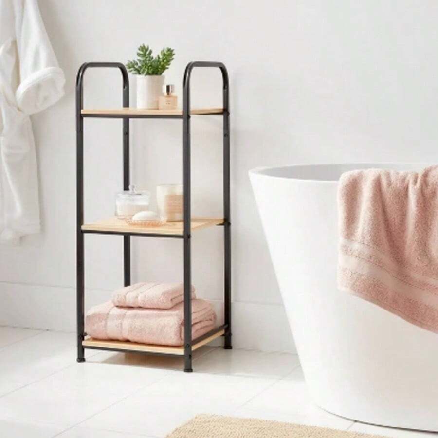 Short Bath Wood Storage Tower Black Metal PowderCoated MDF, Fixed