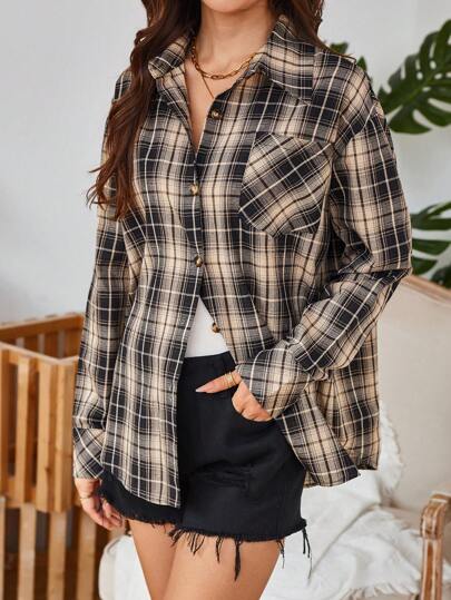Camisa xadrez casual feminina de manga comprida, primavera/outono