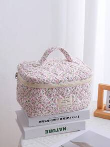 Set de genți de machiaj cu model floral și matlasat pentru femei, geantă estetică pentru cosmetice, cutie pentru ruj, medicină, parfum, tampon, posetă pentru monede, suport pentru carduri, geantă ușoară, pufoasă, cu articole de toaletă pentru depozitare, utilizare zilnică.