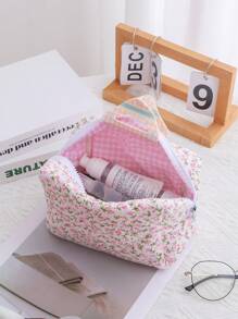 Set de genți de machiaj cu model floral și matlasat pentru femei, geantă estetică pentru cosmetice, cutie pentru ruj, medicină, parfum, tampon, posetă pentru monede, suport pentru carduri, geantă ușoară, pufoasă, cu articole de toaletă pentru depozitare, utilizare zilnică.