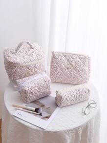 Set de genți de machiaj cu model floral și matlasat pentru femei, geantă estetică pentru cosmetice, cutie pentru ruj, medicină, parfum, tampon, posetă pentru monede, suport pentru carduri, geantă ușoară, pufoasă, cu articole de toaletă pentru depozitare, utilizare zilnică.