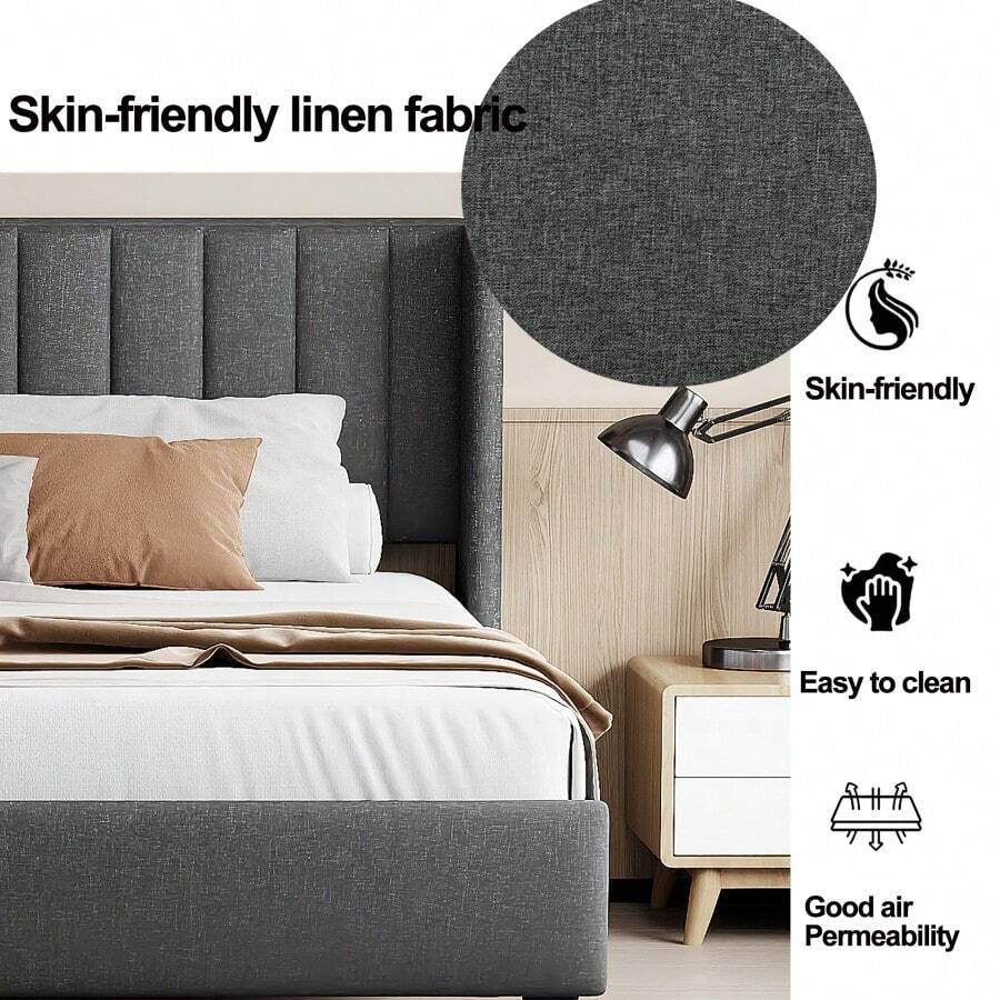 King Size Upholstered Platform Bed Frame With Headboard, Mattress