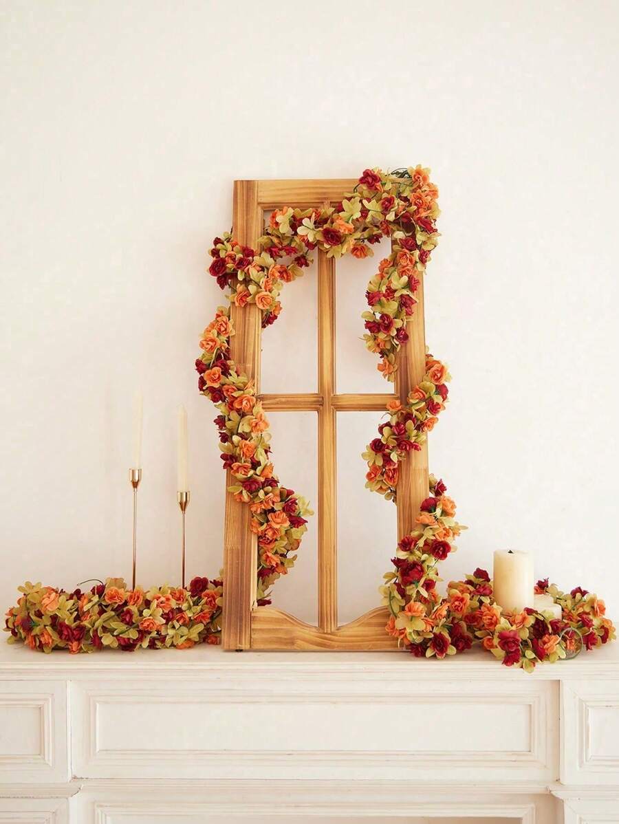 45 piezas Guirnalda de flores artificiales, 245cm/8ft temporada otoñal, 1 pieza de tela de seda para decoración del hogar, mesa, boda, escalera - Multicolor - Ver 1