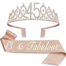 2 件/套 15 岁 16 岁 18 岁 20 岁 21 岁 25 岁 30 岁 35 岁 40 岁 45 岁 50 岁 55 岁 60 岁 65 岁 70 岁 80 岁女士玫瑰金佩戴皇冠玫瑰金岁头带发梳水钻水晶皇冠头饰生日快乐装饰周年装饰生日快乐缎带派对用品腰带丝带水钻皇冠生日快乐精美，圣诞节 - 玫瑰金 - 查看 26