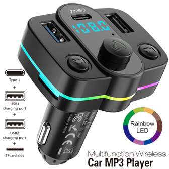 simr BT Car MP3 Player FM Handsfree Calling Dual USB Car Charger, Wireless FM Transmitter, With 2 USB Ports/1 Type-C Port/1 TF Card Slot