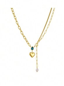 1 pieza Colgante de corazón de perla de alta gama de moda asimétrico de metal de acero inoxidable, diseño minimalista creativo, adecuado para uso diario, regalo