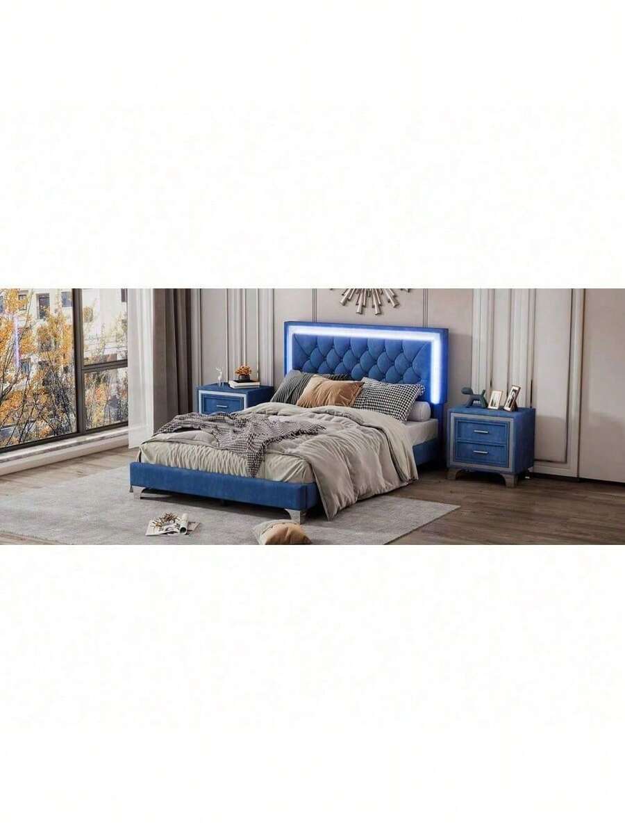 Full Size Modern Blue Upholstered Bed Frame,Velvet Platform Bed, With
