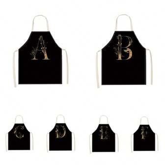 1pc Gold Color Letter With Floral Pattern Creative 3D Letter A-Z Print Linen Apron For Home Cooking, Kitchen Wear, And Cooking Enthusiasts