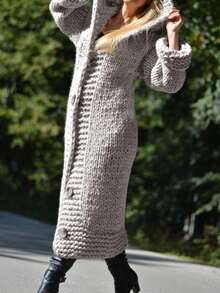 Casual Solid Color Thick Knit Hooded Long Cardigan, Autumn-Winter - Grey - View 3