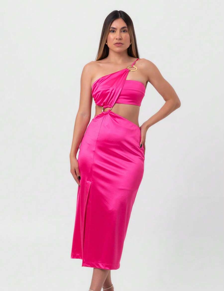 Satin Midi Dress With Rings And Openwork Cutouts In Labrava Pink - Màu Hồng baby - Xem 1