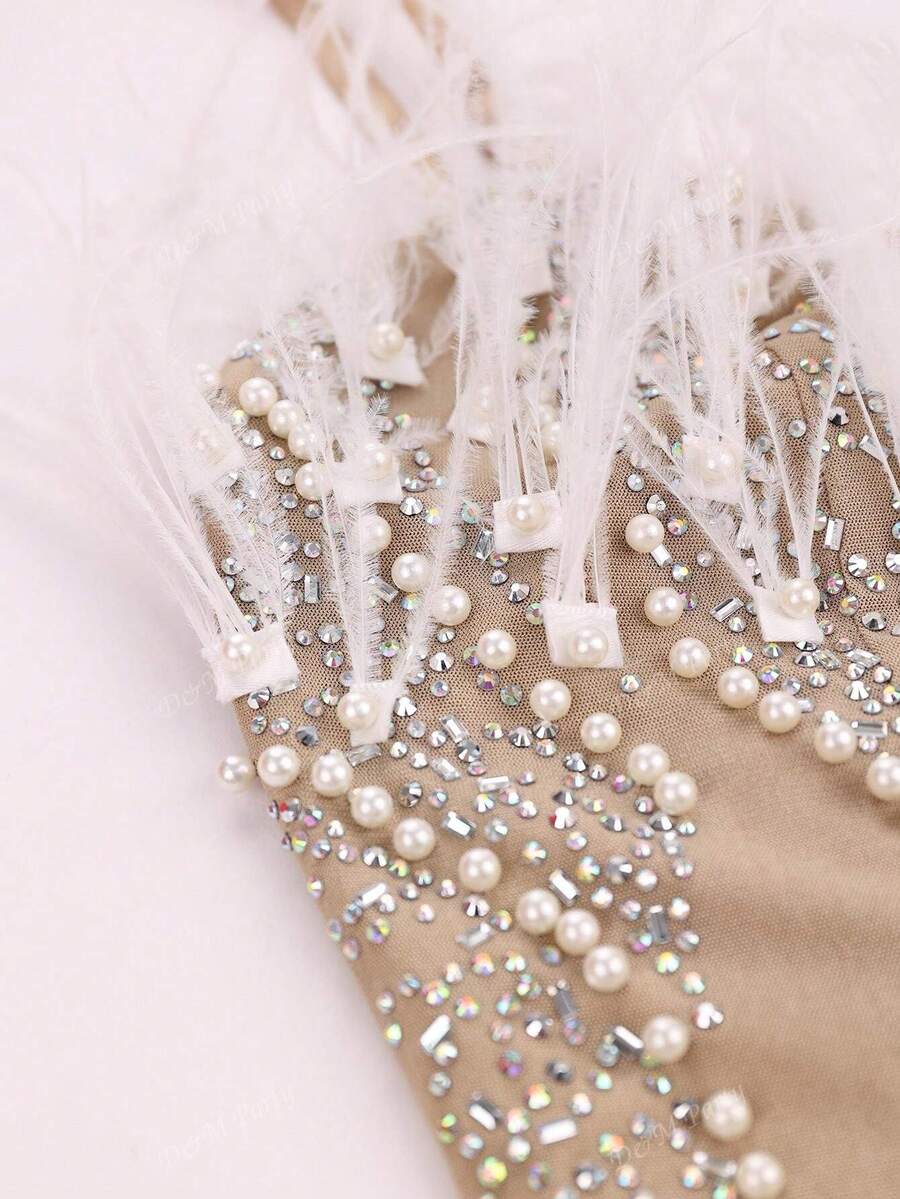 Sexy Deep V Rhinestone Beaded Feather Sheer Spaghetti Strap